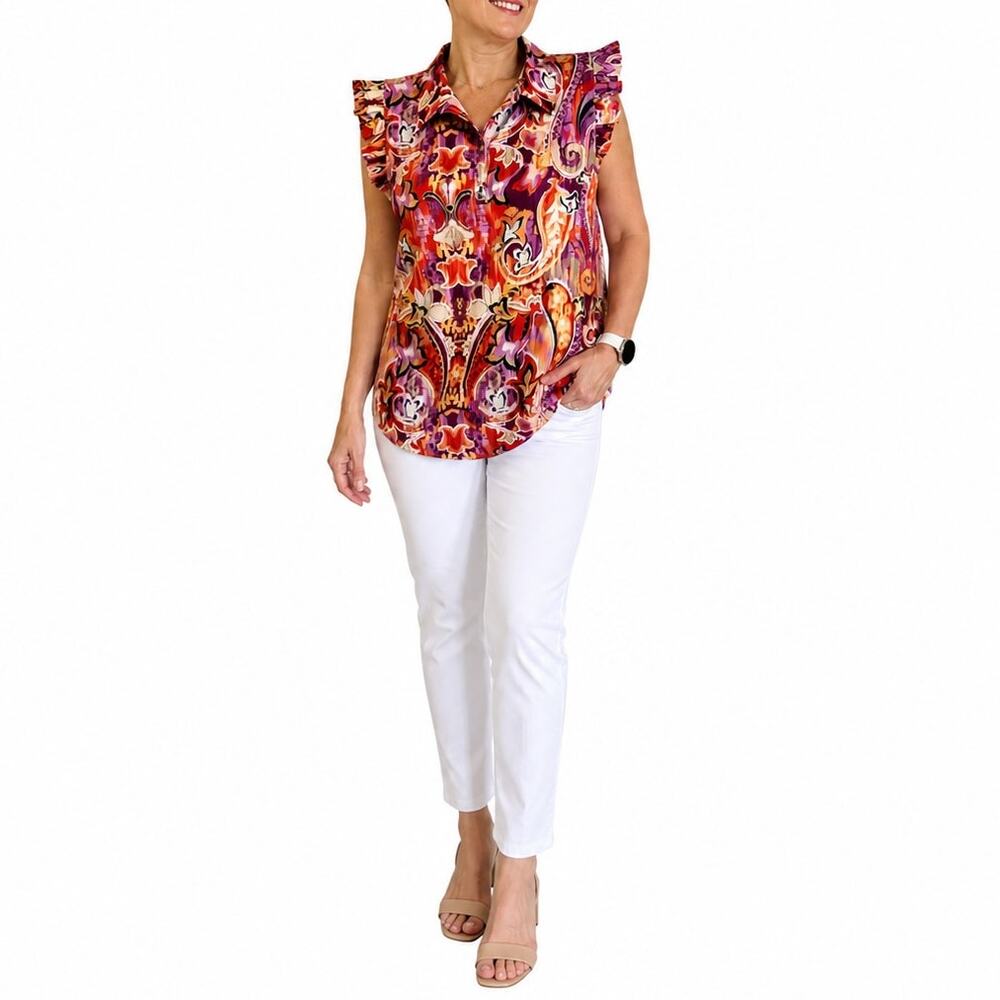 Chico's Paisley Print Ruffle Cap Sleeve Blouse Multicolor Size 3.5 / 18 Resort